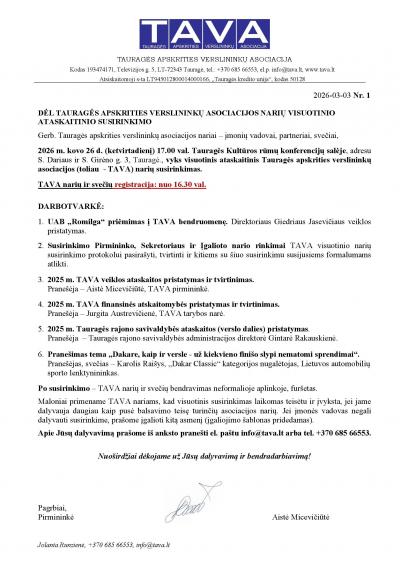 Visuotinis ataskaitinis TAVA narių susirinkimas 2026-03-26